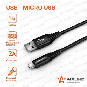 Кабель для мобильных устройств Airline, с USB на MicroUSB, 1м, чёрный, нейлоновый, арт. ACH-M-23