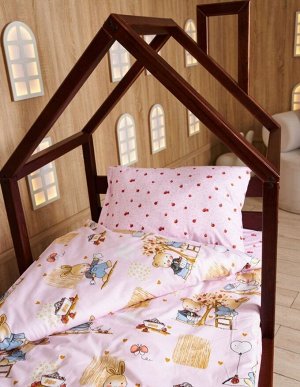 Комплект детского белья 1,5 спальный 3 предмета сатин цвет №26 Розовый фон домик с мишкой