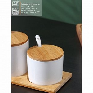 Банки для хранения сыпучих продуктов на бамбуковой подставке BellaTenero, 6 предметов: 3 банки 150 мл, 250 мл, 350 мл, 3 ложки, цвет белый