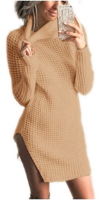 Платье-свитер крупной вязки с высоким боковым вырезом Цвет: ХАКИ