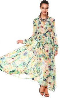 Длинное платье с цветочным принтом V вырезом и длинными рукавами Цвет: СВЕТЛО-ЗЕЛЕНЫЕ ЦВЕТЫ