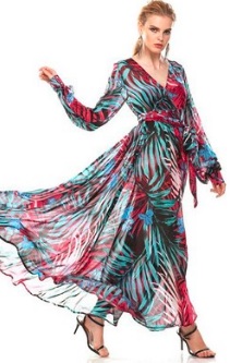 Длинное платье с цветочным принтом V вырезом и длинными рукавами Цвет: РОЗОВО-КРАСНЫЕ ЦВЕТЫ