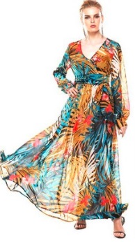 Длинное платье с цветочным принтом V вырезом и длинными рукавами Цвет: СИНЕ-ЖЕЛТЫЙ
