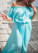 Платье в пол на резинке с открытыми плечами и короткими рукавами Цвет: ГОЛУБОЙ
