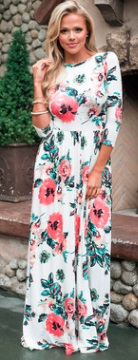 Платье в пол с цветочным принтом и рукавами средней длины Цвет: БЕЛЫЙ