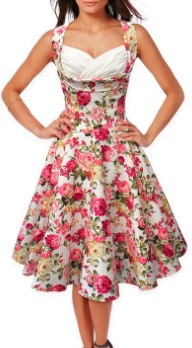 Платье в ретро стиле с цветочным принтом без рукавов Цвет: БЕЛЫЙ (РОЗОВЫЕ ЦВЕТЫ)