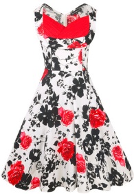 Платье в ретро стиле с цветочным принтом без рукавов Цвет: БЕЛЫЙ (ЧЕРНО-КРАСНЫЕ ЦВЕТЫ)