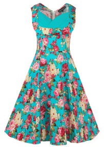 Платье в ретро стиле с цветочным принтом без рукавов Цвет: СВЕТЛО-СИНИЙ (РОЗОВЫЕ ЦВЕТЫ)