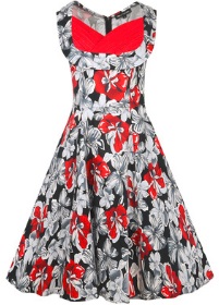Платье в ретро стиле с цветочным принтом без рукавов Цвет: ЧЕРНЫЙ (БЕЛЫЕ ЦВЕТЫ)