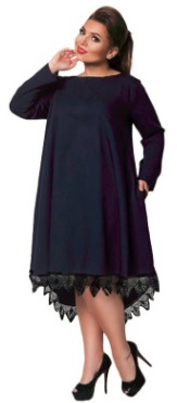 Асимметричное платье свободного кроя с длинными рукавами декорировано кружевом по подолу Цвет: ТЕМНО-СИНИЙ