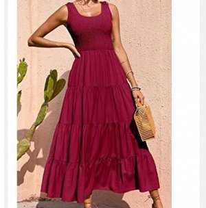 Платье с круглым вырезом сборка-резинке на груди,юбка многоярусная,красное