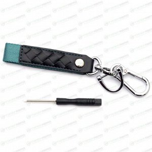 Брелок на ключи карабин с кожаным ремешком и зеленой ткан вставкой (с отверткой в комплекте)