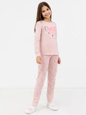 Хлопковый комплект (лонгслив и брюки) розового цвета с мордочкой лисы для девочек