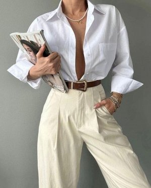 Рубашка женская с нагрудными карманами/Женская однотонная рубашка на пуговицах