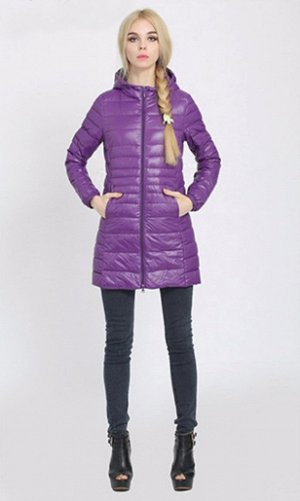 Женская удлиненная ультралегкая куртка  С КАПЮШОНОМ, цвет фиолетовый