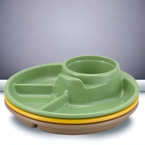 Набор круглых тарелок для барбекю и пикника 3-х секционная с подставкой под напитки и столовых приборов 3шт (Зеленая, Желтая, Коричневая). Япония