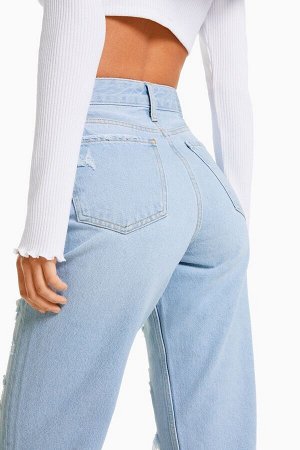 Укороченные укороченные джинсы Mom прямого кроя с эффектом потертости 00005969