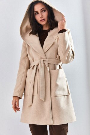 Женское пальто из импортной шерсти с капюшоном 40101078
