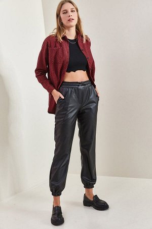 Женские эластичные кожаные брюки на талии и штанинах 40201018