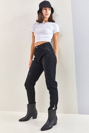 Женские джинсы Mom с высокой талией и манжетами 40081038
