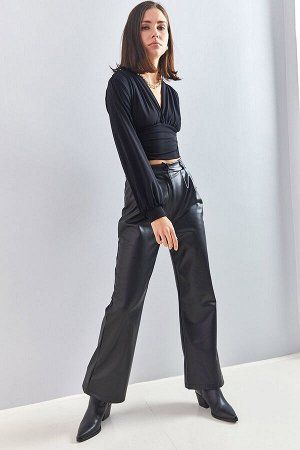 Женские кожаные брюки с завышенной талией и плиссированными карманами Plazzo с завышенной талией 40081054