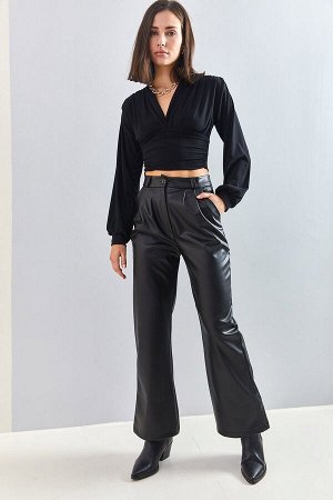 Женские кожаные брюки с завышенной талией и плиссированными карманами Plazzo с завышенной талией 40081054