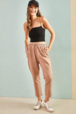 Женские льняные брюки с эластичной талией и узором 10951014