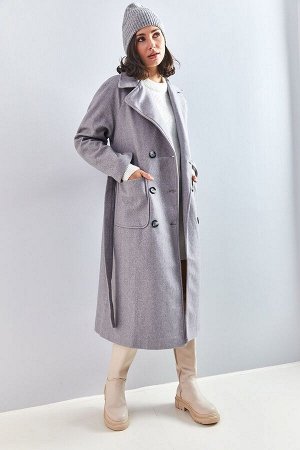Женское пальто с поясом и двумя карманами на 6 пуговицах 40081004