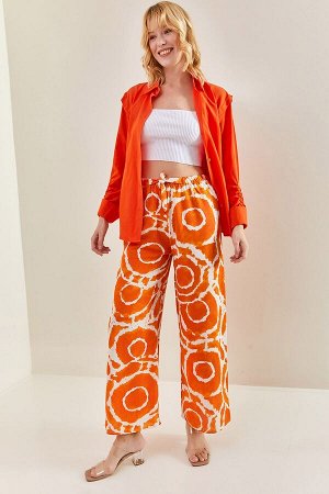 Женские льняные брюки с эластичной талией и поясом с разноцветным рисунком 40701030