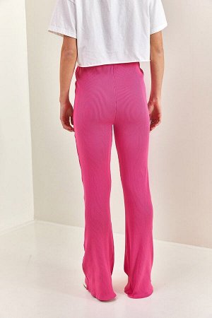 Женские широкие трикотажные брюки в рубчик с высокой талией и широкими штанинами 40101058