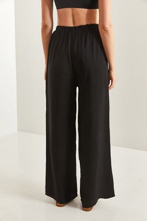 Женские широкие брюки из вискозы с поясом на талии, черные 10061050