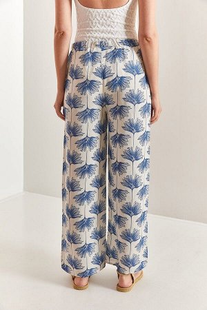 Женские льняные брюки с эластичной талией и разноцветным рисунком 40851025