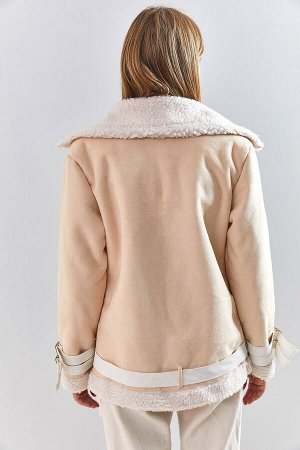 Женское длинное пальто из замши с рукавами и поясным ремнем 40111020