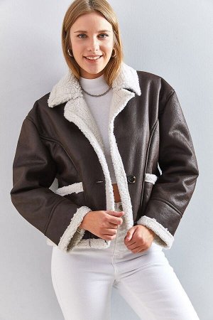 Женское ламинированное двубортное кожаное пальто на пуговицах с фигурным воротником 2257 40111019
