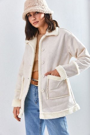 Женское плюшевое замшевое пальто с двумя карманами и карманами 9100