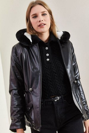 Женское кожаное пальто с капюшоном и плюшевой талией с деталями 40201010