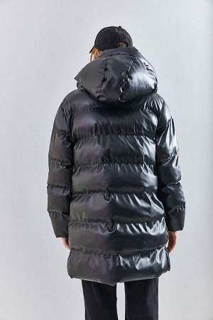 Женские кожаные длинные надувные пальто с капюшоном и карманом на молнии 2237 40111016