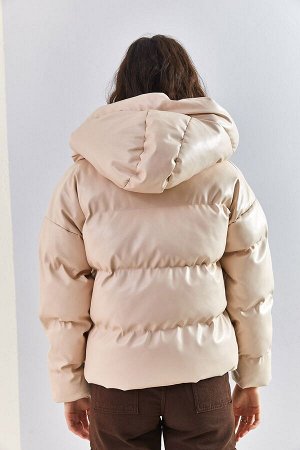 Женское кожаное пальто с капюшоном 10151001