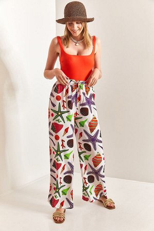 Женские брюки с эластичной талией и разноцветными узорами 40861016