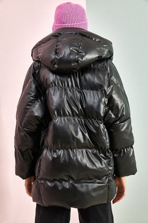 Женское кожаное пальто с капюшоном 30401017