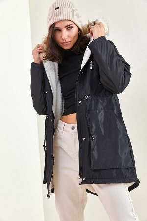 Женское пальто из ткани Bondik с меховым капюшоном и четырьмя карманами 5021
