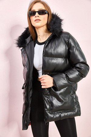 Женское меховое кожаное пальто с капюшоном 30981021