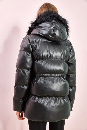 Женское меховое кожаное пальто с капюшоном 30981021
