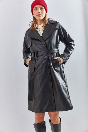 Женское кожаное пальто с поясом на 6 пуговицах 2246 40111011