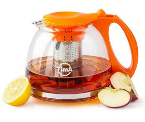 А083OR-13 Чайник  стеклянный TimA "ГОДЖИ" оранжевый 1300мл с ситом, пластик. ручка + крышка