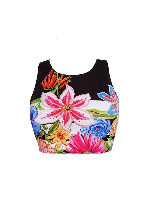 Топ из коллекции Dreamy Garden со съемными вкладышами, оформлен ярким цветочным принтом. Модель с широкими бретелями, на спинке фигурный вырез и удобная застежка-крючок. Сочетайте с любыми плавками эт
