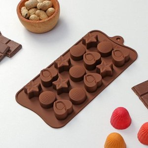 Форма для шоколада Доляна «Звёзды, ракушки, сердца», 20,6x10,3 см, 15 ячеек, цвет коричневый