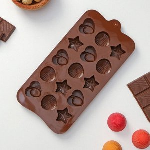 Форма для шоколада Доляна «Звёзды, ракушки, сердца», 20,6x10,3 см, 15 ячеек, цвет коричневый