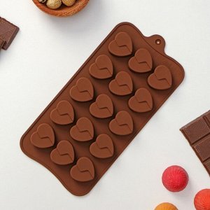 Форма силиконовая для шоколада Доляна «Сердце», 21x10x1,5 см, 15 ячеек (3x2,3 см), цвет коричневый