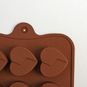 Форма силиконовая для шоколада Доляна «Сердце», 21x10x1,5 см, 15 ячеек (3x2,3 см), цвет коричневый